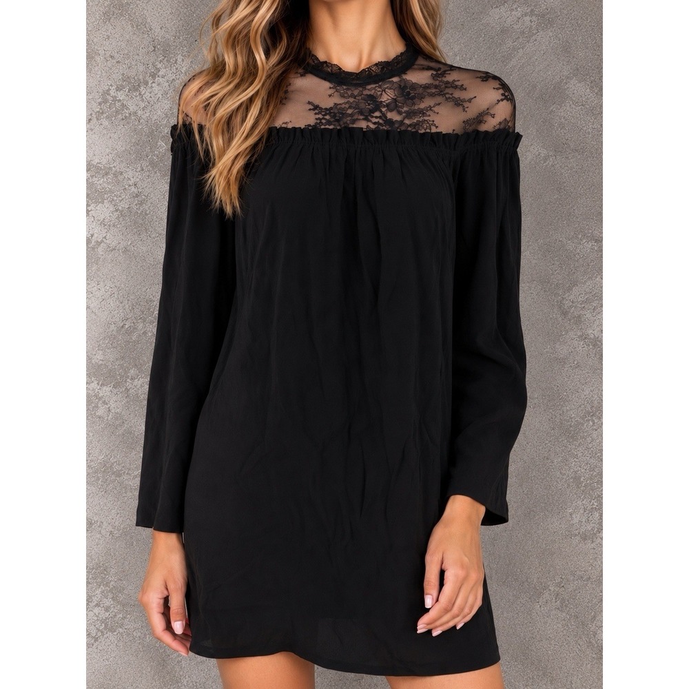 Sandro Shift Dress Womens 1 Black Sheer Lace Yoke Long Sleeve Romantic Mini